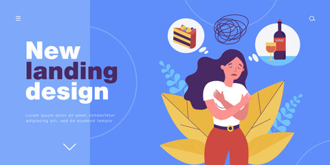 Wine and sweets addict with anxiety and confusion in head. Sad confused girl with psychological problem flat vector illustration. Addiction concept for banner, website design or landing web page