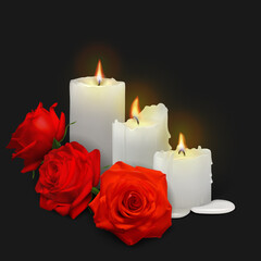 Realistic candles and rosebuds on a black background. Vector illustration