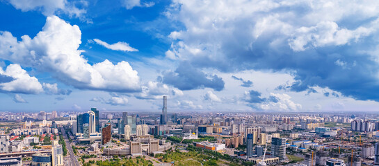 Nur-Sultan, Kazakhstan - August 8, 2022: panorama city Astana aerial top view drone