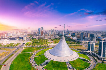 Nur-Sultan, Kazakhstan - August 8, 2022: panorama city Astana aerial top view drone - obrazy, fototapety, plakaty