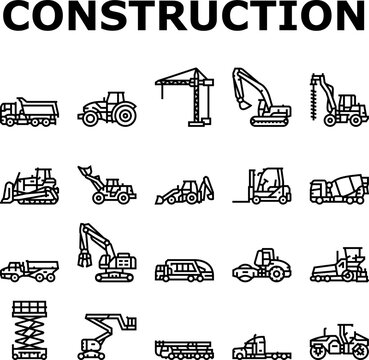 construction car vehicle tractor icons set vector. machinery excavator, machine digger, work crane, equipment, heavy bulldozer road construction car vehicle tractor black contour illustrations