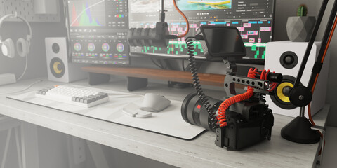 Video production. Interior work space of video editor with professional equipment: camera, microphon, recorder.