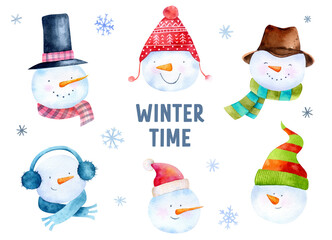Winter snowman illustration, watercolor Christmas background, north illustration, snowflakes, retro scrapbooking paper, hand drawn illustration, holiday illustration