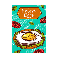 Bright brochure designs with tasty food. Colored fried egg and green salad. Delicious meal and nutrition concept