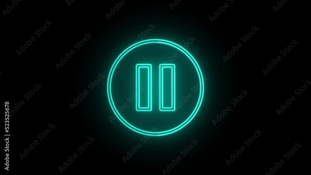 Poster glowing neon pause button on a black background. 4k video for your project.