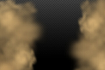 A cloud of brown dust and sand with particles of flying dry sand and dirt.Trace on a dusty road or highway from a car.Clubs of dark smoke.Realistic illustration on a transparent background.