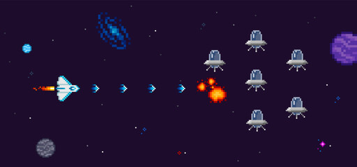 8-bit pixel game Space battle concept in pixel art style. Retro 8-bit computer game. Vintage Arcade Game scene. Pixelated Space arcade elements template vector illustration