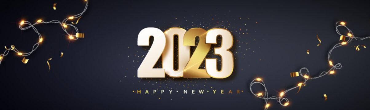 2023 Happy New Year greetings. Luxury illustration on dark background with luminous led garland. Festive design with Christmas decorations.