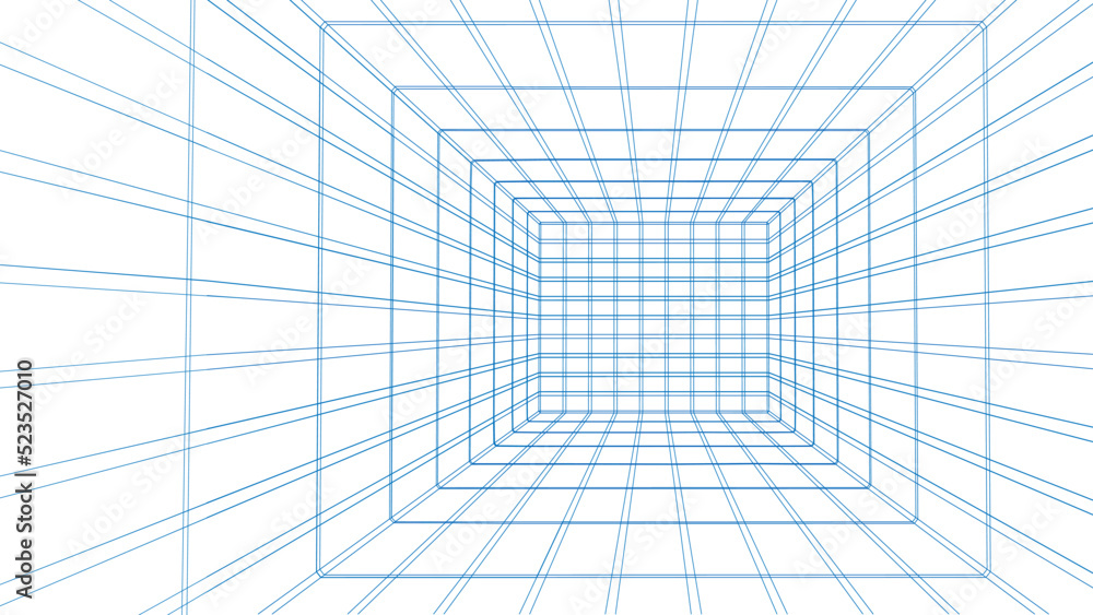 Poster wireframe room on white background. digital vector perspective grid box for design.