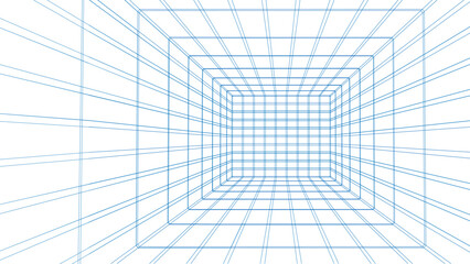 Wireframe room on white background. Digital vector perspective grid box for design.