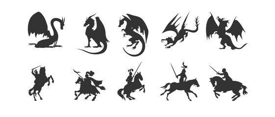knight and dragon fight silhouette. Medieval battle outlines.