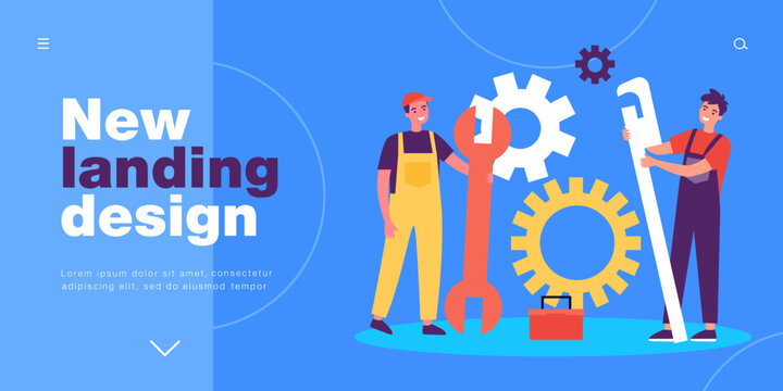 Team of technicians standing with equipment and gears. Tiny male workers holding spanner and wrench flat vector illustration. Maintenance service concept for banner, website design or landing web page