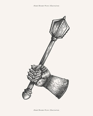 Knight's hand holds mace in engraving style. Ancient medieval warrior weapons on light background. Vintage vector illustration for history book design or tattoo template.