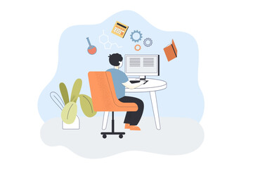 Student at computer studying chemistry. Person sitting with book, calculator, formula and lab flask over head flat vector illustration. Education concept for banner, website design or landing web page