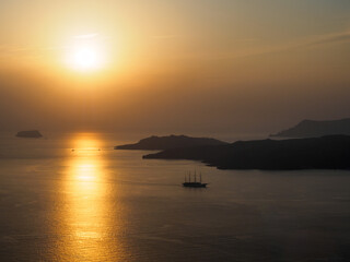 Fototapeta premium Aerial view with surreal colors sunset. Santorini island, Greece