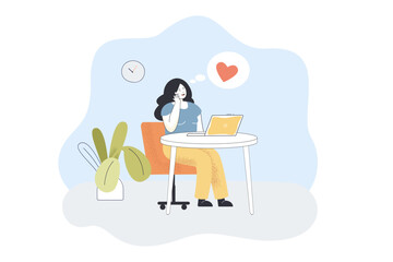 Woman thinking about love, sitting with laptop. Dream of girl with heart in bubble above head flat vector illustration. Valentines Day, romance concept for banner, website design or landing web page