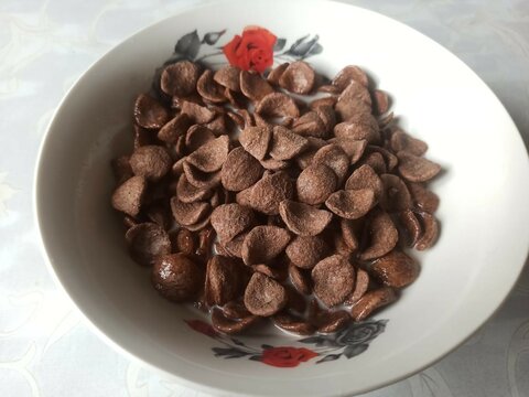chocolate oats chocos in bowl with little milk.