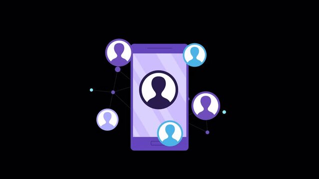 social network, contacts concept animation ALPHA channel. smartphone, mobile phone, Connected people. networking, social media. 2d cartoon style animated stock video. global communication, avatars