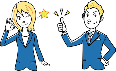 グッドポーズをするビジネスマン、ビジネスウーマン