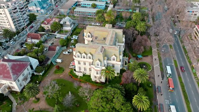 Aerial Orbiting over Carrasco Palace in Viña del Mar, old palace building was severely damaged by earthquakes, Chile
