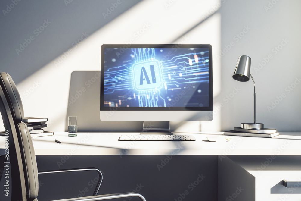 Leinwandbilder Modern computer monitor with creative artificial Intelligence icon. Neural networks and machine learning concept. 3D Rendering