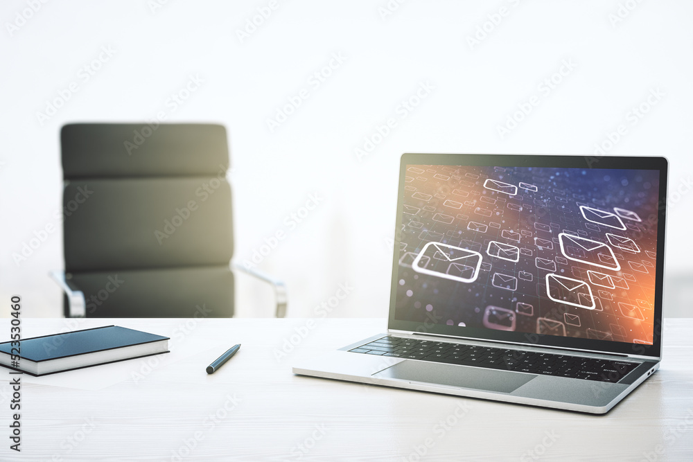 Poster Creative abstract postal envelopes hologram on modern computer monitor, email and notification concept. 3D Rendering