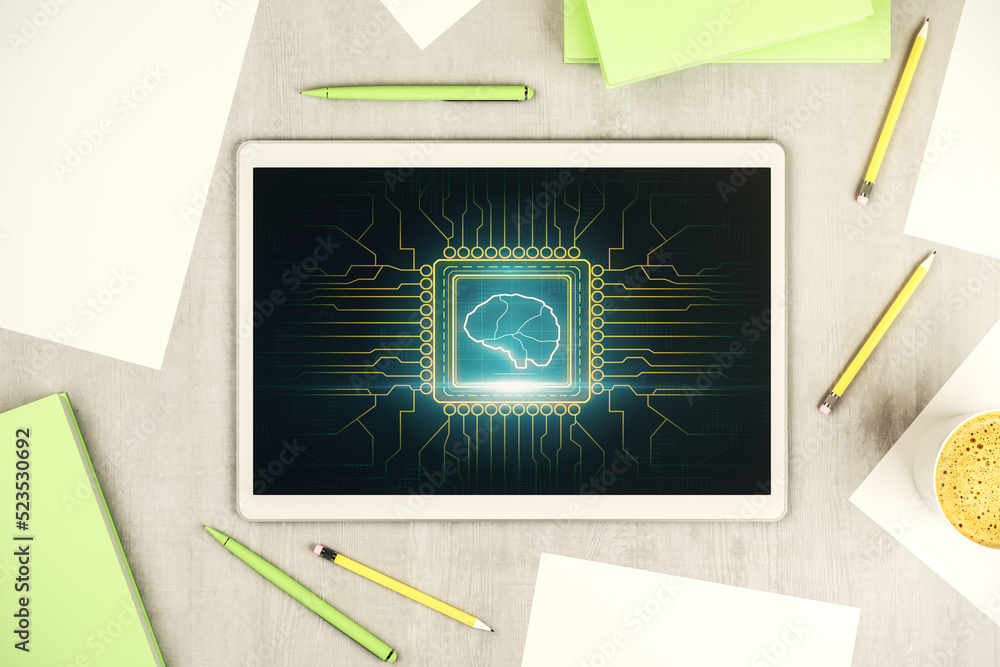 Poster top view of modern digital tablet monitor with creative artificial intelligence symbol. neural netwo