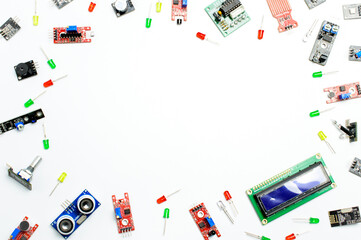Top view arduino components and modules, Electric parts on a white background. Concept of a technical background. 