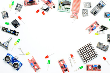 Top view arduino components and modules, Electric parts on a white background. Concept of a technical background. 