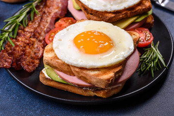 Fresh, delicious sandwiches with fried egg, ham, butter, avocado and sesame seeds