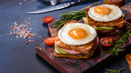 Fresh, delicious sandwiches with fried egg, ham, butter, avocado and sesame seeds