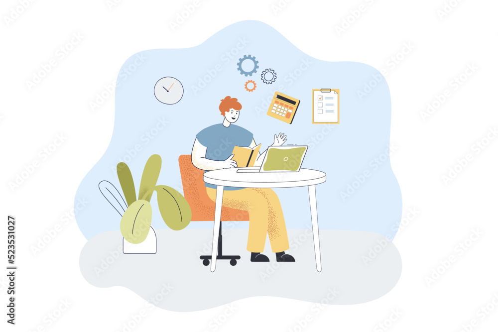 Poster employee sitting at laptop and reading user manual. man in work process with calculator, list and ge