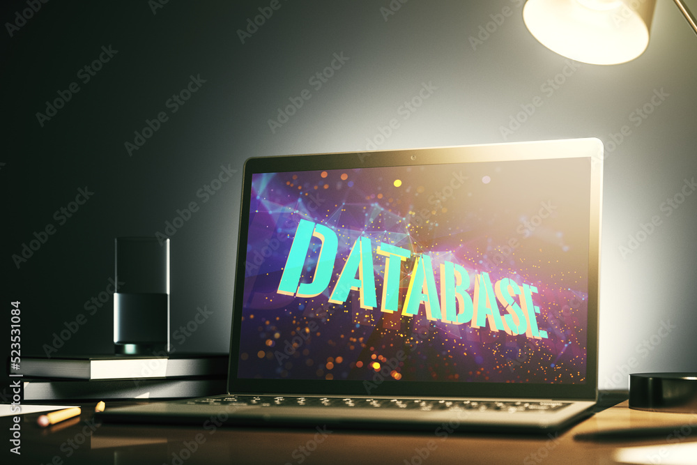Leinwandbilder modern computer screen with database word sign, global research and analytics concept. 3d rendering