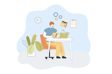 Employee sitting at laptop and reading user manual. Man in work process with calculator, list and gears flat vector illustration. Instruction concept for banner, website design or landing web page