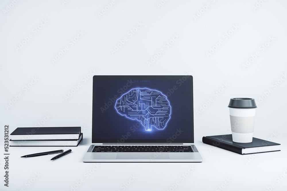 Poster modern computer display with creative human brain microcircuit. future technology and ai concept. 3d