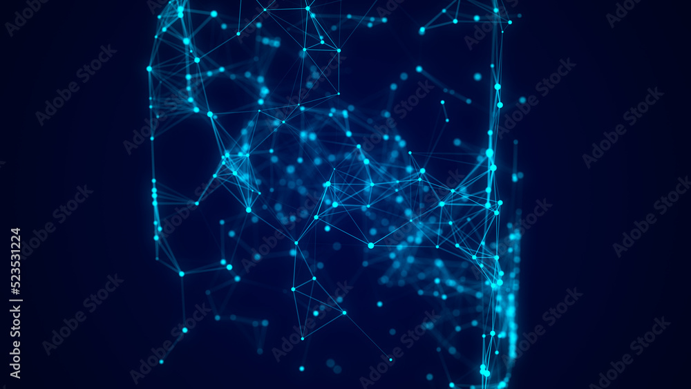 Leinwandbilder Abstract blue cube with connecting dots and lines. Big data visualization. Blockchain technology concept. Wireframe network connection structure. 3d rendering.
