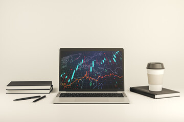 Modern computer screen with abstract creative financial chart with world map, research and analytics concept. 3D Rendering