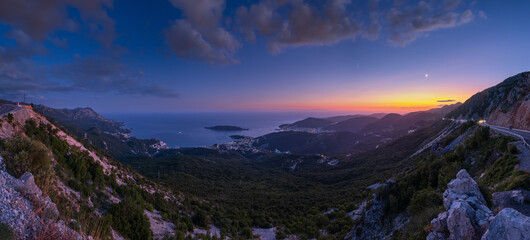 Budva riviera night coastline. Montenegro, Balkans, Adriatic sea.