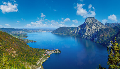 Peaceful autumn Alps mountain Traunsee lake view from Kleiner Sonnstein rock summit, Ebensee, Upper Austria.