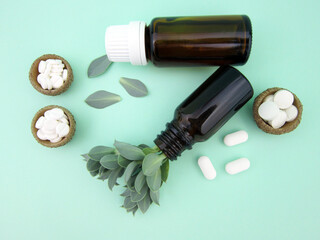     Medicine herb. Herbal pills with healthy medical plant. Green leaf, alternative drug. Natural pharmaceutical capsule. Vitamin supplement for care, medication, treatment.                     