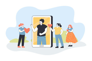 Girls giving hearts and likes to man on phone screen. Online success of male character in blog account flat vector illustration. Appreciation concept for banner, website design or landing web page