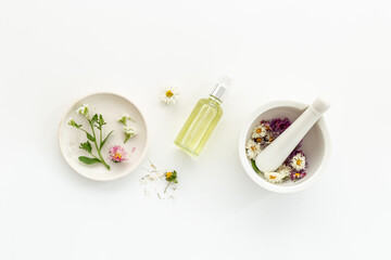 Medical herbs and flowers essential oil in bottles with plants