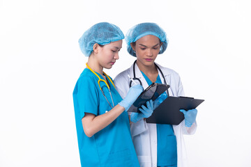 Full length Professional physician Doctor stand in hospital uniform discuss patient chart condition on Tablet. Woman Practitioner wear coat confident in clinic, isolated white background