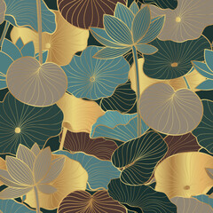 Seamless vector pattern with golden lotus leaves and flowers. Line art style.