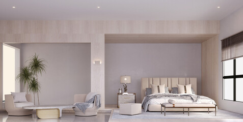 3d rendering,3d illustration, Interior Scene and  Mockup,bed room and armchair area interior render.