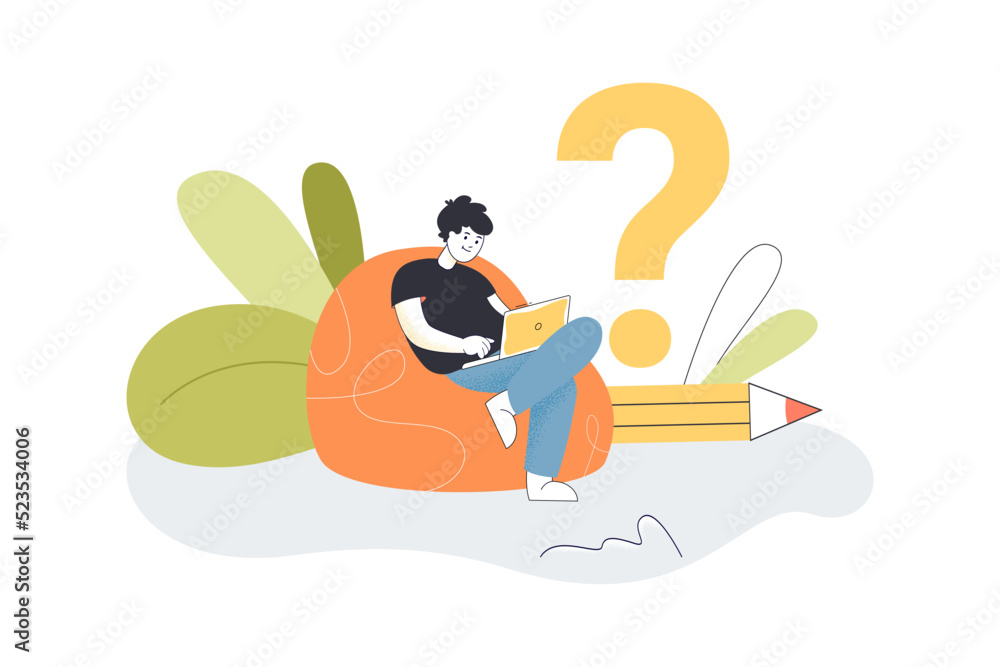 Poster online search for answers to questions by man. tiny character sitting in chair with laptop and big q