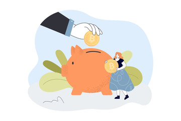 Hand throwing bitcoin into piggy bank. Tiny woman holding coin of cryptocurrency savings flat vector illustration. Deposit, finance, investment concept for banner, website design or landing web page