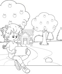 cute little fairy coloring Page Outline hand-painted in cartoon style Of little boy with mountains and landscape