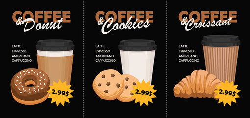 Bakery with coffee special offer vector menu template on black background. Donut, cookies, croissant, coffee to-go. 