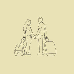 Young tourist couple traveling and carrying suitcase while walking line art illustration.